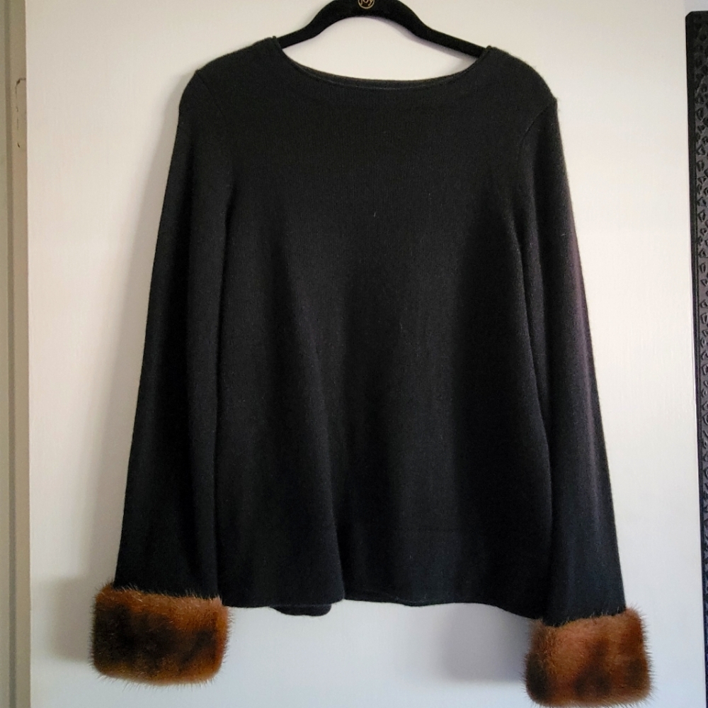 Black Long Sleeve Cashmere Sweater with mink trimmed sleeves